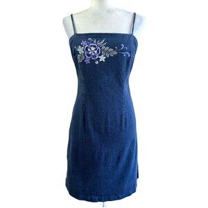 Vintage 90s Denim Stretchy Bodycon Blue Spaghetti Strap Summer Dress